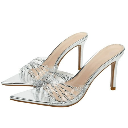 Women s High-heeled Slippers  Rhinestone Shoes  Transparent  Pointed Toes  Stilettos  High Heels.