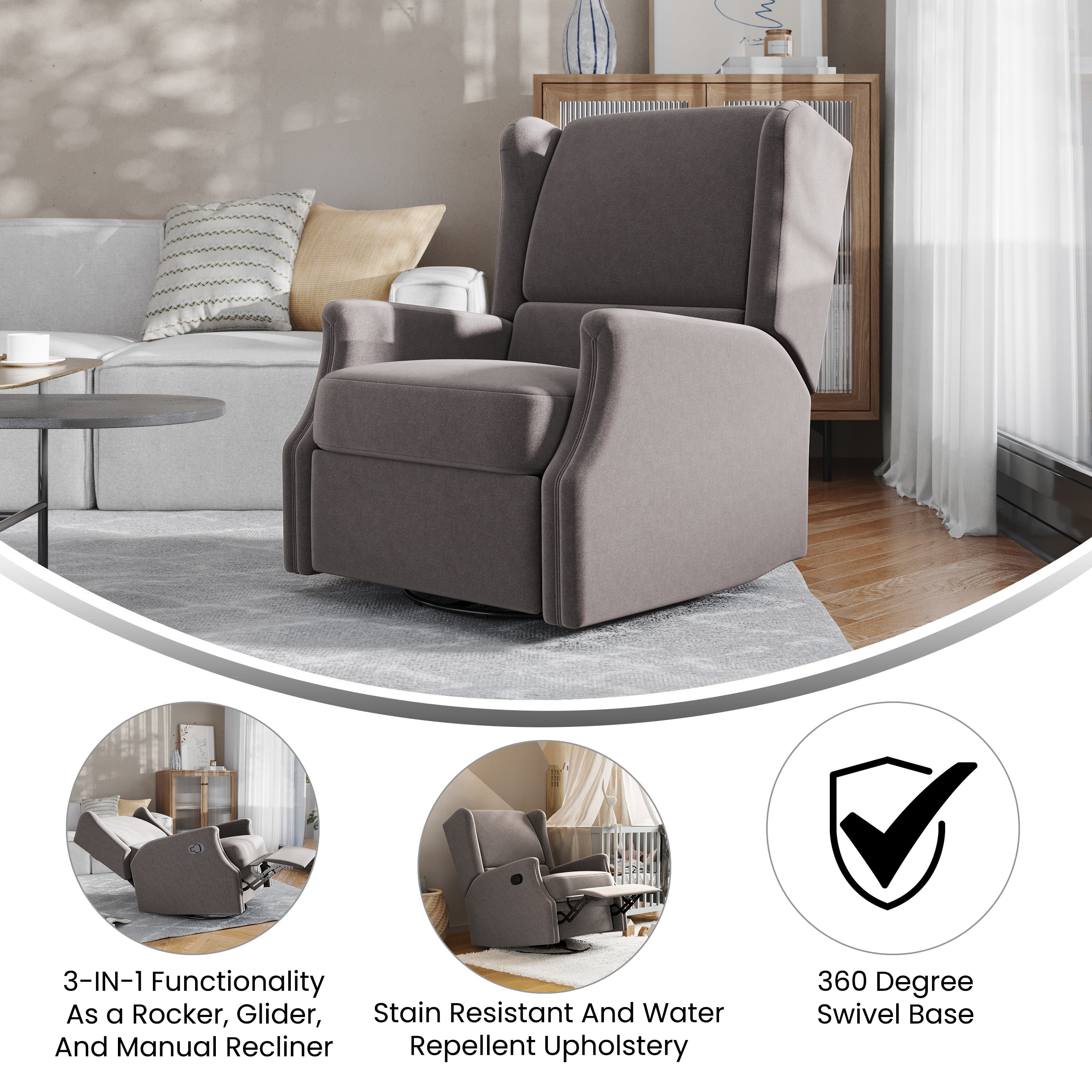 Tabaray Oversized Fabric40" Push Back Recliner Chair with Overstuffed Arm and Backrest, Dark Gray