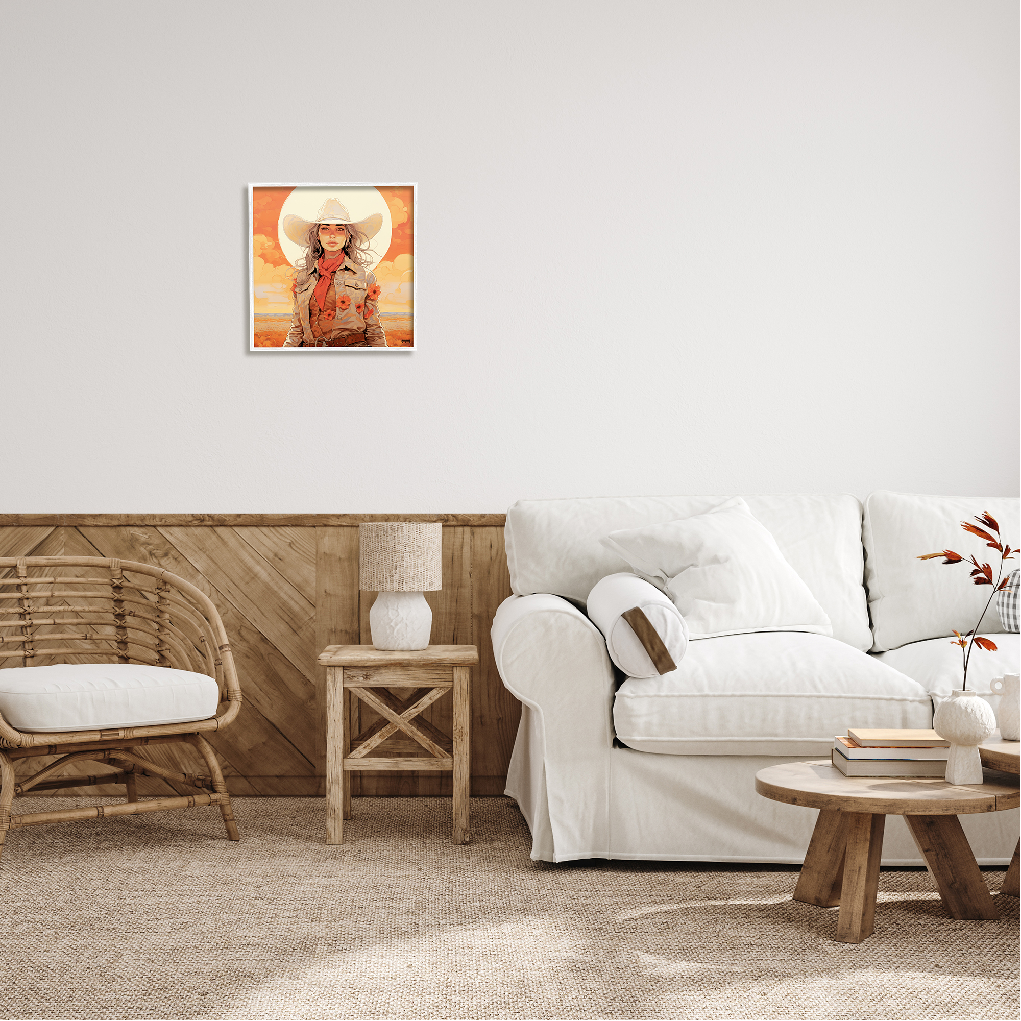 Stupell Industries Cowgirl Desert Moon & Clouds Landscape Painting White Framed Art Print Wall Art, 17 x 17