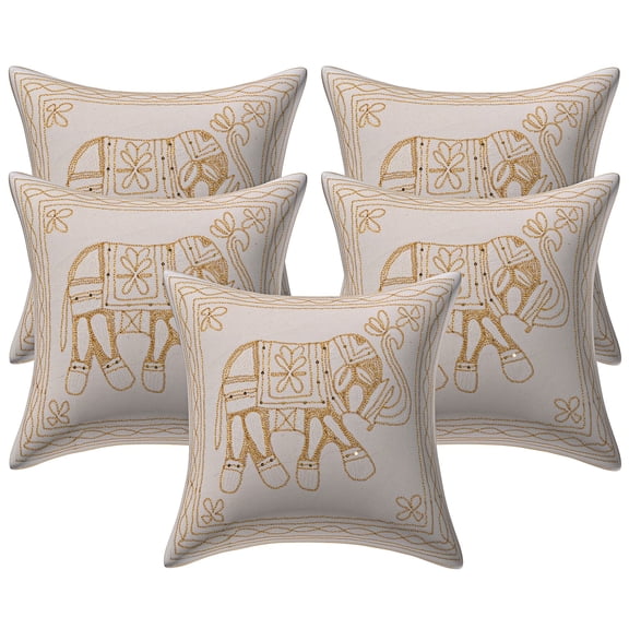 Stylo Culture Ethnic Sofa Throw Pillow Covers 16x16 Gold Thread Embroidered White Gold Indian 40x40 cm Home Decor Cotton Elephant Square Cushion Covers | Set Of 5