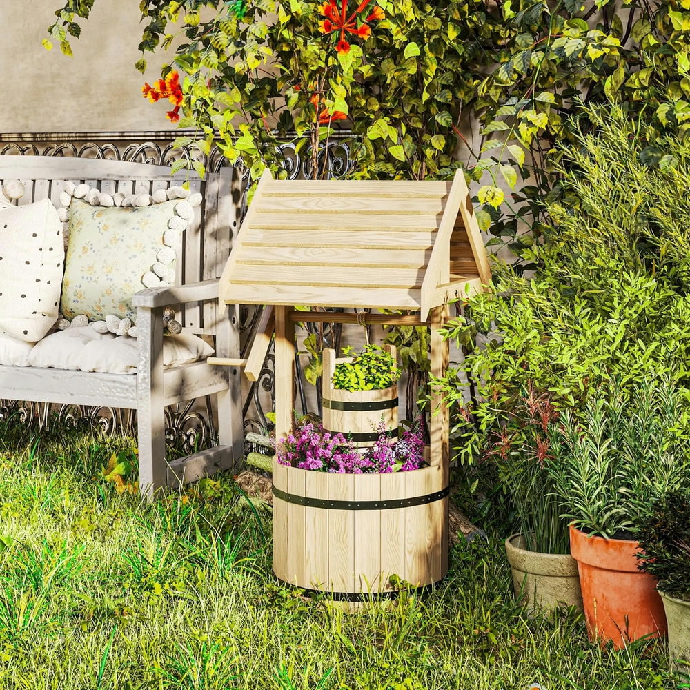 Resenkos Wood Wishing Well for Outside with Hanging Bucket, Wishing Well Planter with Drain Hole for Garden Patio, Natural