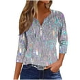 thumbnail image 2 of Feancey Women's Henley Tops Loose Fit 3/4 Sleeve V Neck Blouse Dressy Trendy Sequin Print T Shirts Spring Casual Button Up Tunics Pullover Tee Silver 3XL, 2 of 5