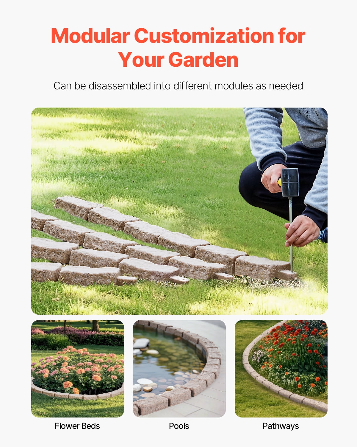 VEVOR Faux Stone Landscape Edging, 46.4 x 2.2 in Realistic Lawn Edging, Flexible Brick-Sized Garden Edging Border with Anchoring Spikes, Fade-Resistant Yard Edging for Driveways Walkway Brown