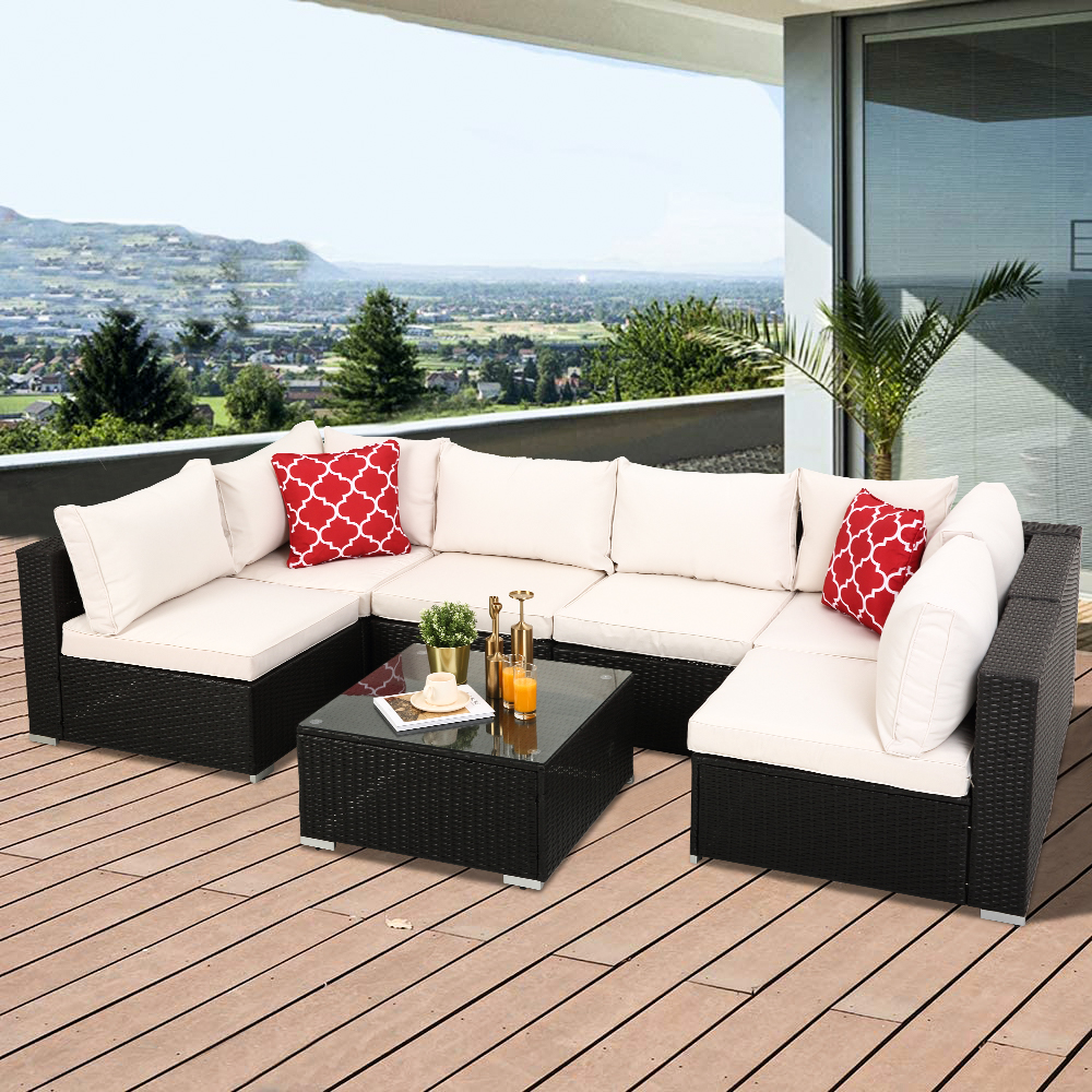 Rattan Patio Furniture Set, 7PCS Wicker Conversation Set, Weather Resistant Cushioned Sofa Set, Sectional Sofa Chairs with Glass Tabletop & Cushions, Deck Garden Lawn Pool Furniture Set, K3268 - image 1 of 13