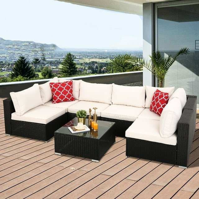 Rattan Patio Furniture Set, 7PCS Wicker Conversation Set, Weather Resistant Cushioned Sofa Set, Sectional Sofa Chairs with Glass Tabletop & Cushions, Deck Garden Lawn Pool Furniture Set, K3268