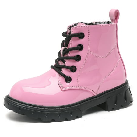 

DADAWEN Toddler Boys Girls Combat Boots Waterproof Ankle Boots With Side Zipper Pink/Glossy leather 5.5 Toddler