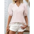 thumbnail image 4 of Womens Short Puff Sleeve Striped Blouses Top V Neck Loose Fit Casual Summer Work Blouses Striped Shirt Pink S, 4 of 6