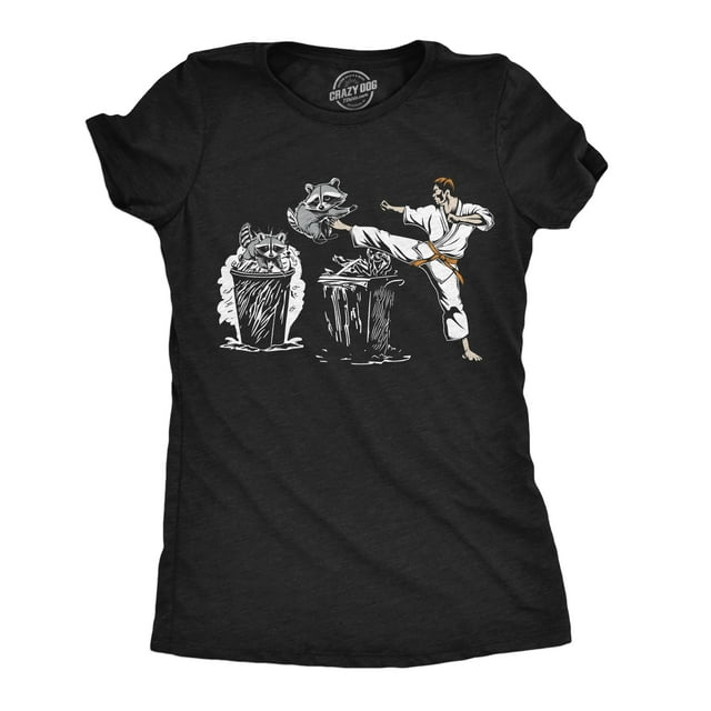 Womens Funny T Shirts Karate Kicking Raccoon Sarcastic Graphic Tee for Ladies (Heather Black - Karate Kicking Raccoon) - XXL