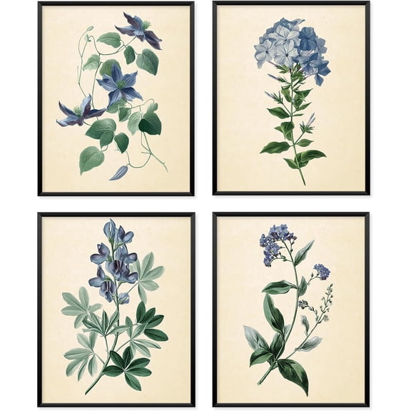 Vintage Blue Botanical Floral Wall Art Posters Decor, Vintage Cottage Core Flower Wall Art Decor Print For Farmhouse Kitchen Room Home Living Room Bedroom Bathroom, Set of 4 (8x10 Unframed)