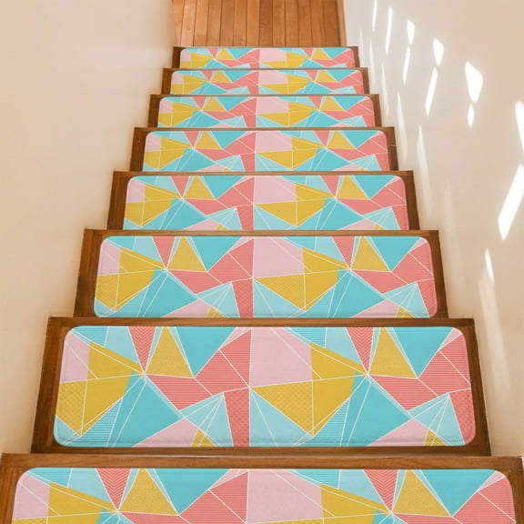 Abstract Triangles Stair Treads Non Slip for Steps Art Pastel Mosaic Minimalist Pink Blue Yellow 10 Pcs Reusable Adhesive Stair Runner Mats for Dogs Elders Carpet Treads Rugs for Staircase 8x30 In