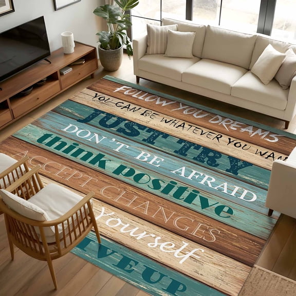 5x7 Area Rugs, Teal Brown Blue Non-Skid Rubber Backing Large Rectangle Rugs - Living Room Bedroom Home Office, Retro Farmhouse Wooden Grain Plank Indoor Floor Mat Carpets Washable Rug