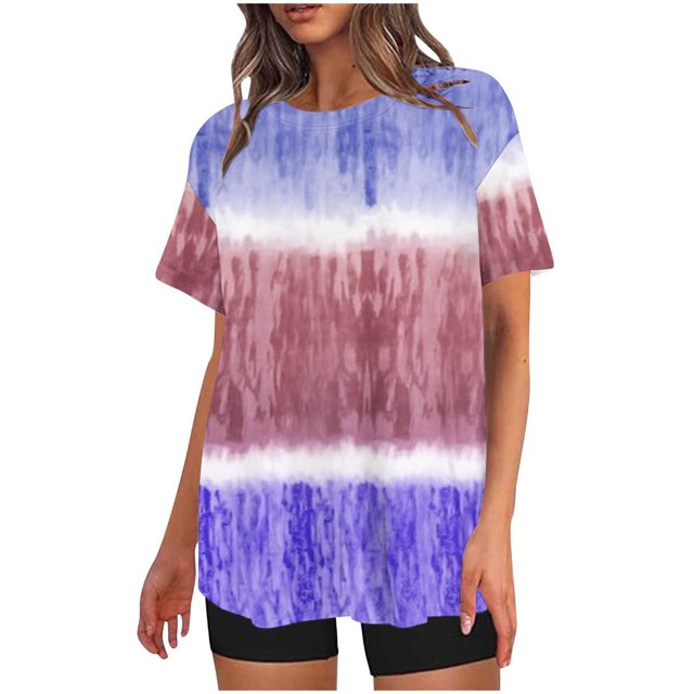 Penkiiy T-Shirts Dégradés Oversize pour Femmes Été Coupe Ample Col Rond Manches Courtes Hauts Blouse Décontractée Y2K Basique Graphiques S Violet