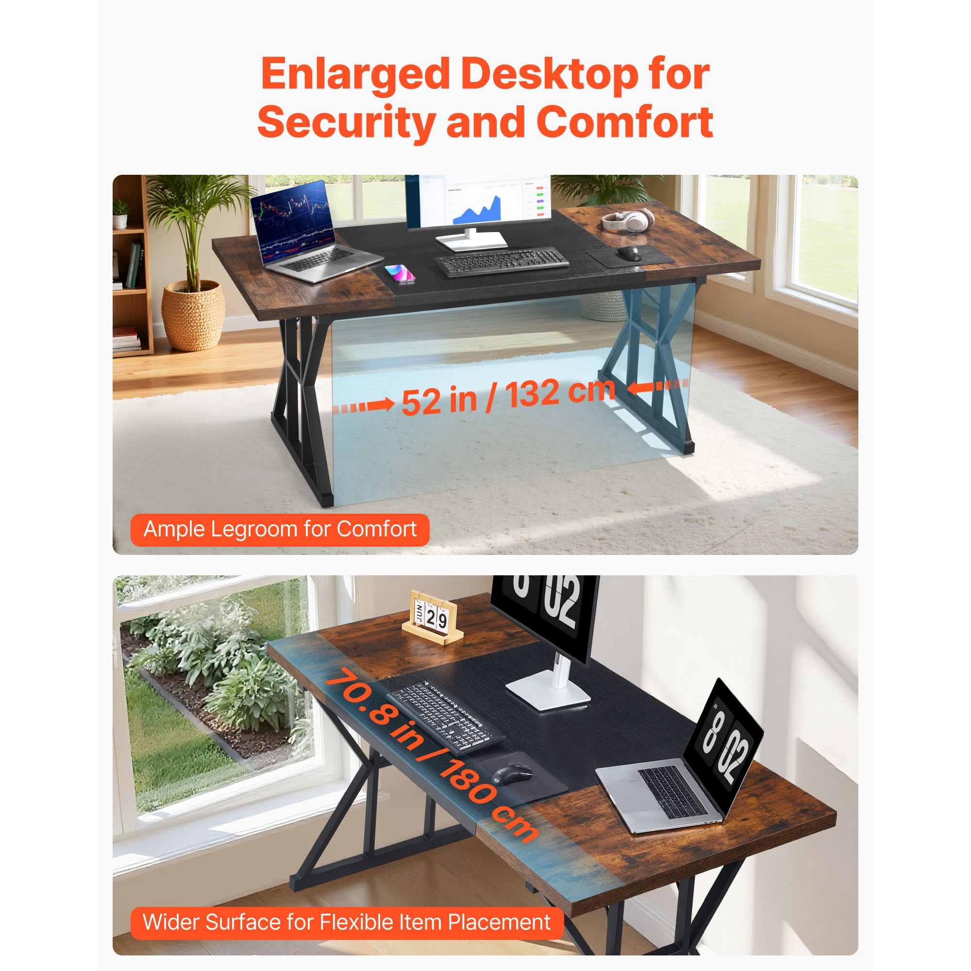 KFFKFF Executive Desk 70.9 x 31.5 inch, Spacious Computer Desk Workstation for Home Office, Modern Minimalist Wood Laptop Study Table with Metal Frame, Rustic Brown and Black Finish