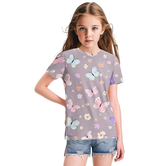 Abcomgle Girls Tee Shirts 7-16 Summer Short Sleeve Toddler T-Shirt Butterfly Print Girls Shirts Fashion Crewneck Cotton Tops,Purple,5-6Years