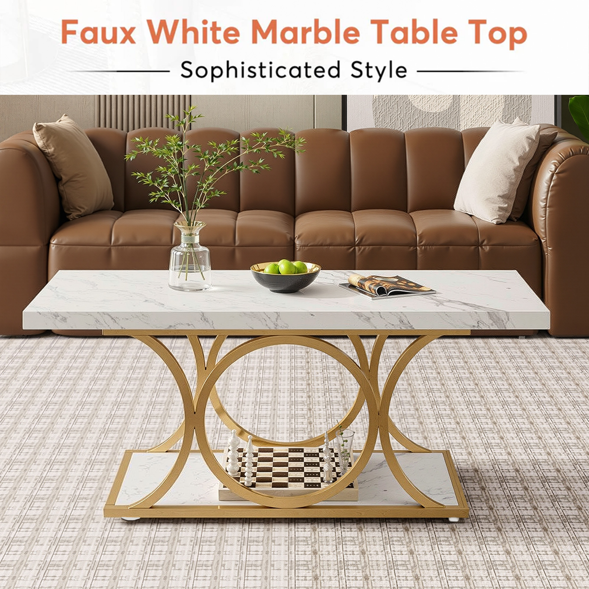 MAYEERTY Rectangle Coffee Table, 47.24" Center Table with Faux Marble Top