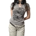 thumbnail image 3 of Fortune T-Shirts Punk pour Femmes, Manches Courtes Rétro à Imprimé Floral, Hauts de Rue Ajustés, 3 of 9