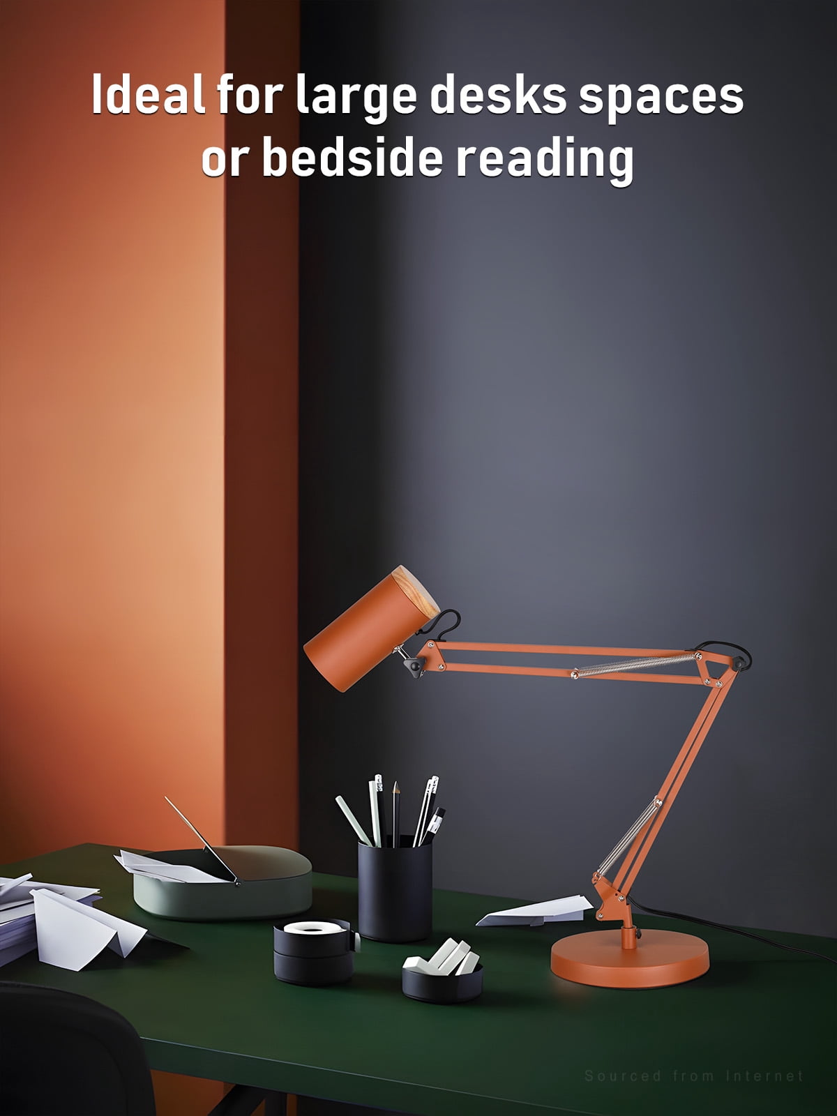 2 Pack Adjustable Metal Table Lamp, Large Size Max Height 29.7", E26 Base, Swing Arm Desk Light with Wooden Accent, Orange