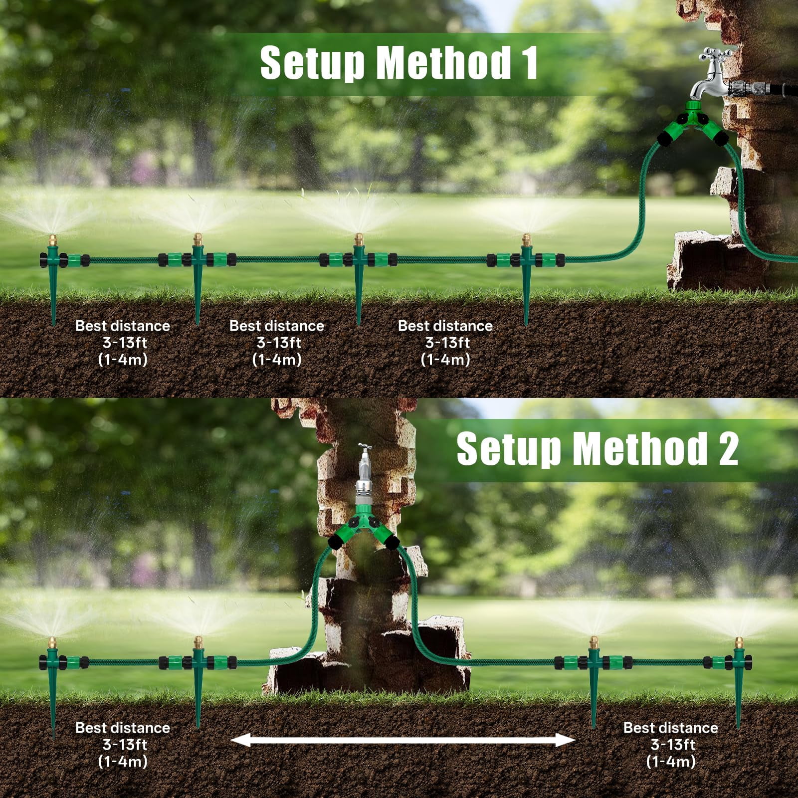 4 Pack Flexible Sprinkler System With Spike Base  Above Ground Kit Multi-adjustable Irrigation Set For Yard Lawn 32.5ft Garden Hose Included