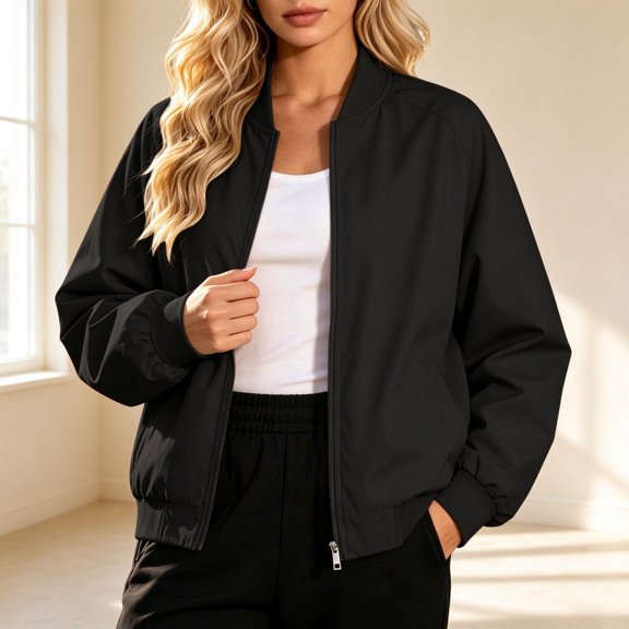 ZunFeo Womens Bomber Jacket Oversized Nylon Cropped Lightweight Windbreaker with Pockets Black,Size XL