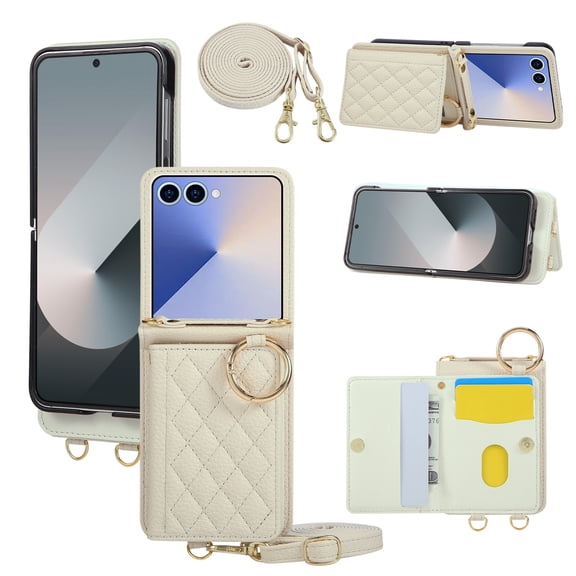 for Samsung Galaxy Z Flip 7 Adjustable Crossbody Strap Wallet Case with 4 Card Slots, PU Leather Back Cover, Stylish Kickstand Magnetic Shokcproof Heavy Duty Protection Girls Women, Beige