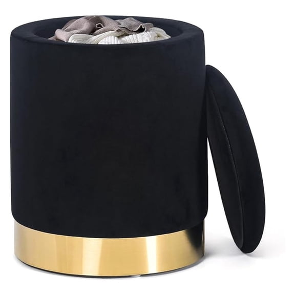 Storage Ottoman Footrest, Round Upholstered Footstool with Lid & Plating Base - Living Room, Bedroom Decor - Black, 12x12x16.5 inches