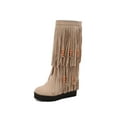thumbnail image 2 of Viluyesy Womens Knee High Boots, Pull-On Round Toe Thick Sole Fashion Retro Tassel Suede Boots Beige, 2 of 5