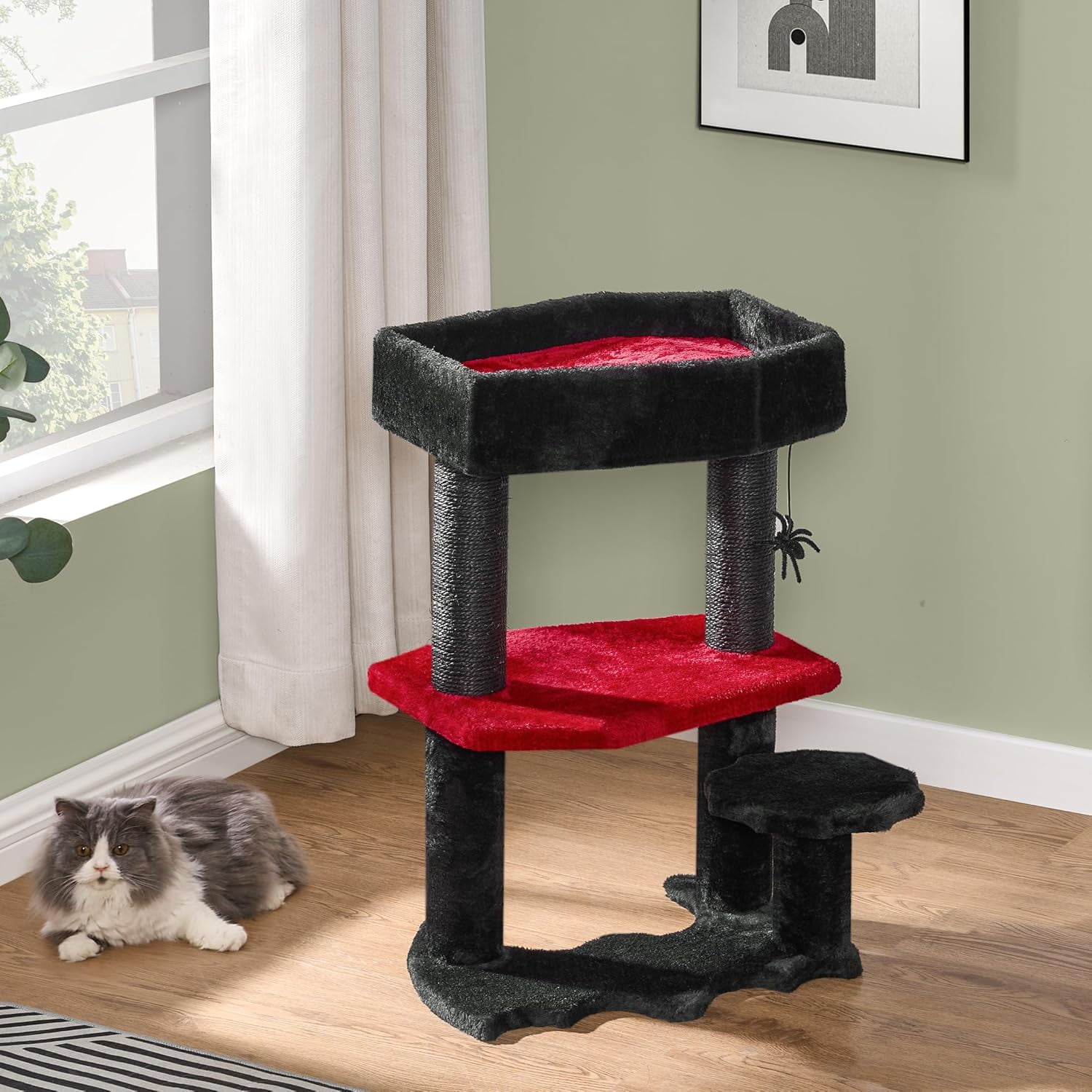 Gothic Cat Tree with Coffin Cat Bed Goth Cat Tower Coffin Cat Tree with Scratching Post, Spider Hanging Ball Halloween Black Red Pet Furniture MMJ94R