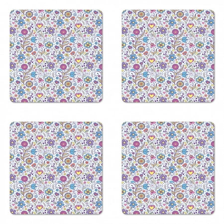 

Pastel Coaster Set of 4 Peonies Daisies Tulips Colorful Doodle Style Botanical Garden with Heart Shapes Square Hardboard Gloss Coasters Standard Size Multicolor by Ambesonne