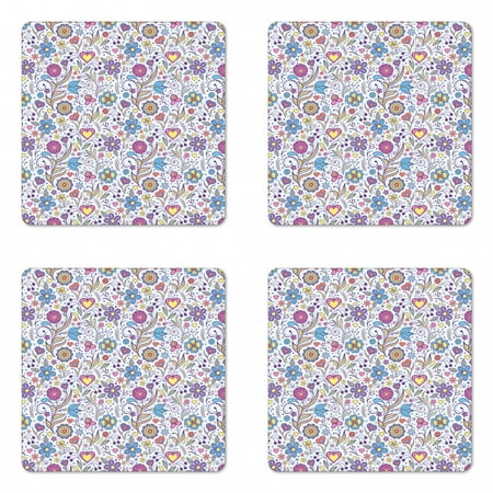 

Pastel Coaster Set of 4 Peonies Daisies Tulips Colorful Doodle Style Botanical Garden with Heart Shapes Square Hardboard Gloss Coasters Standard Size Multicolor by Ambesonne