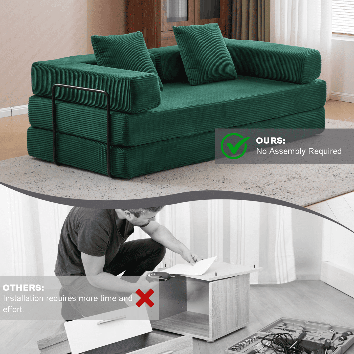 Jopath 76 Inch Convertible Sleeper Sofa Bed,Folding Floor Mattress Couch with Fixed-Shape Frame,Futon Boneless Couch Lounge Loveseat with Pull Out Bed, No Assembly Required,Dark Green+Corduroy
