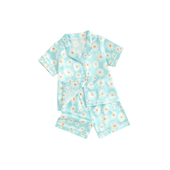 JYYYBF Boys and Girls Satin Pajama Set, Short Sleeve Button Down Daisy Print Tops   Elastic Waist Shorts Toddler Kids Lounge Outfit