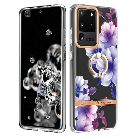 Compatible for Samsung Galaxy S20 Ultra Case with Ring Kickstand Holder Clear Floral Pattern Hybrid PC TPU Shockproof Protective Phone Case Cover for Samsung Galaxy S20 Ultra Women Girls,Purple Flower