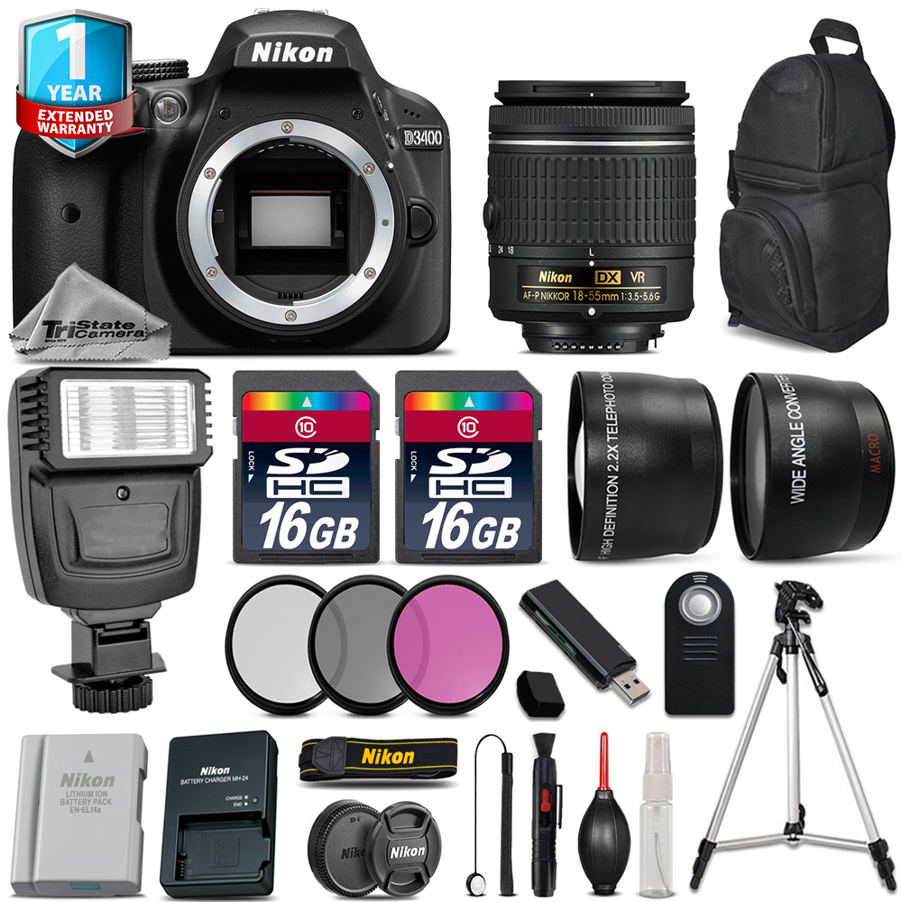 Nikon D3400 DSLR Camera + 1855mm VR + Flash + Extra Battery + 1yr