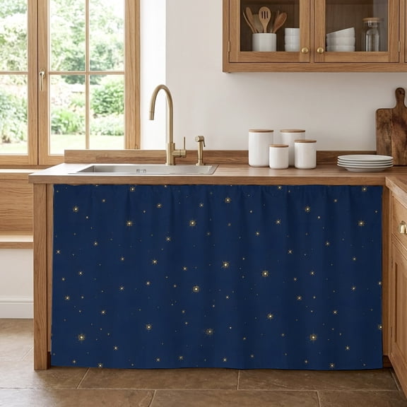 Navy Blue Sky Cabinet Curtains for Kitchen 32"W x 55"L, Country Farmhouse Minimalist Star Night Pantry Curtain Skirt Magic Tape Short Curtains Decor Privacy Panel for Utility Closet Bathroom