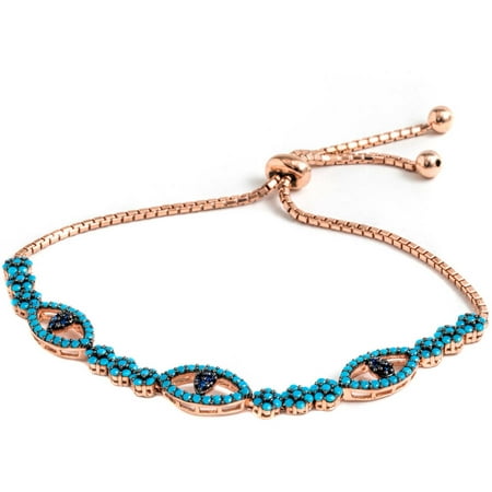 Pori Jewelers Turquoise CZ 18kt Rose Gold-Plated Sterling Silver Multi-Evil Eye Friendship Bolo Adjustable Bracelet