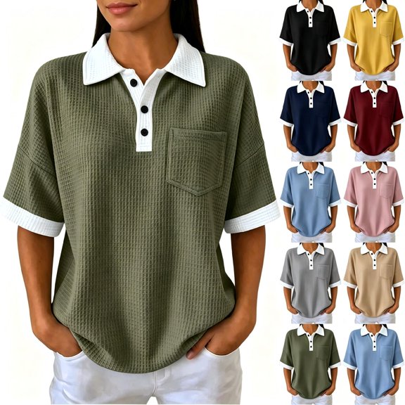Tqcoqu Women's Contrast Collar Waffle Knit Polos Shirt,Loose Short Sleeve Casual Tops with Chest Pocket,Army Green Women's S-XXL
