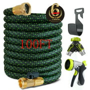100ft Expandable Garden Hose, 8-Function High Pressure Water Spray Nozzle with 3/4" Solid Brass Fittings & 2-Way Pocket Flexible Splitter, Expanding Water Hose for Garden Lawn Car Pet Washing