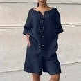 thumbnail image 5 of Sakmal Plus Size Womens Cotton Linen Shorts Sets Wide Leg 2 Piece Outfits Blue Casual Solid Womens Shorts with Pockets, 5 of 9