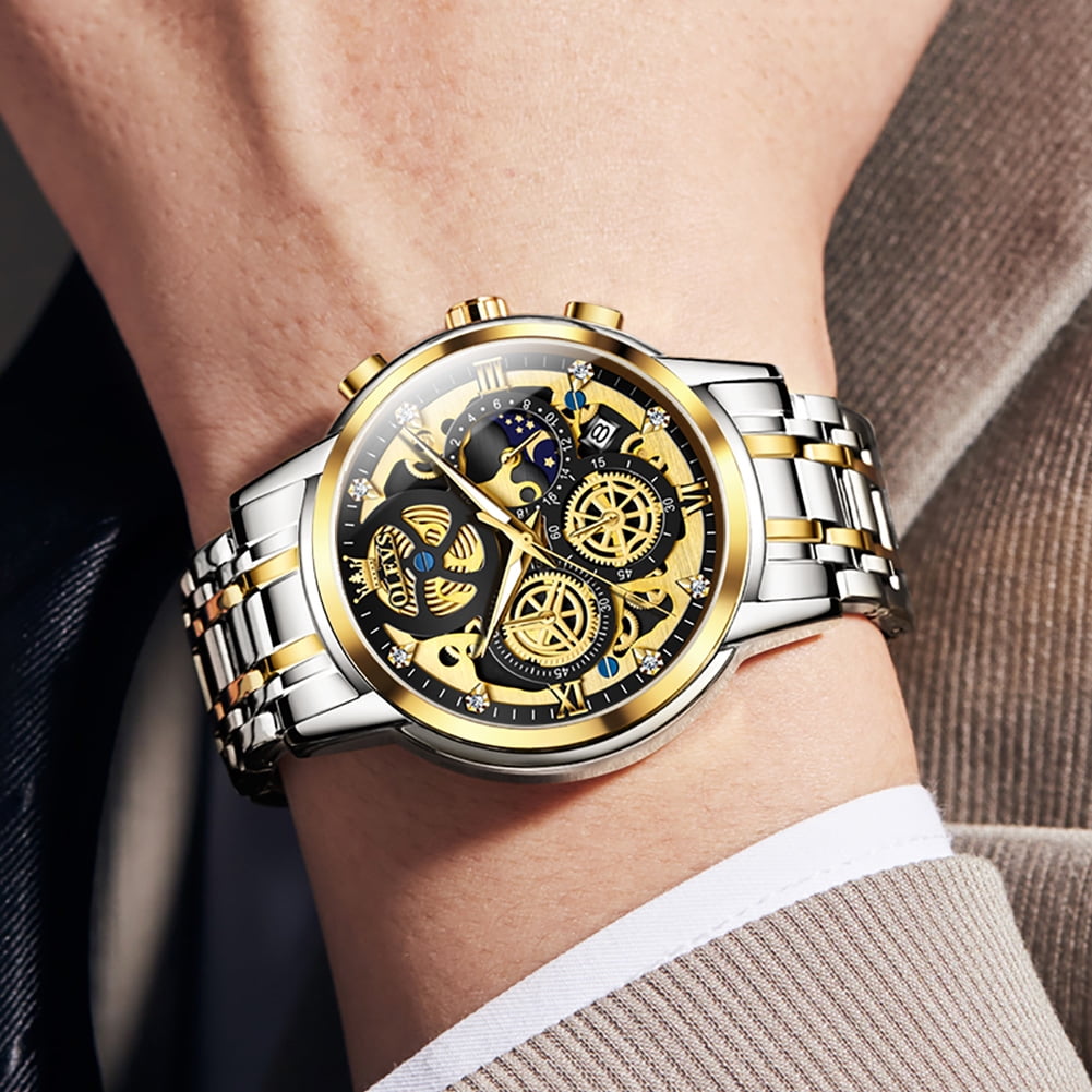 OLEVS Watches for Men Business Dress Luxury Analog Quartz Chronograph Two Tone Gold Plated Stainless Steel Waterproof Luminous Date Casual Mens Wrist Watches Reloj Para Hombre