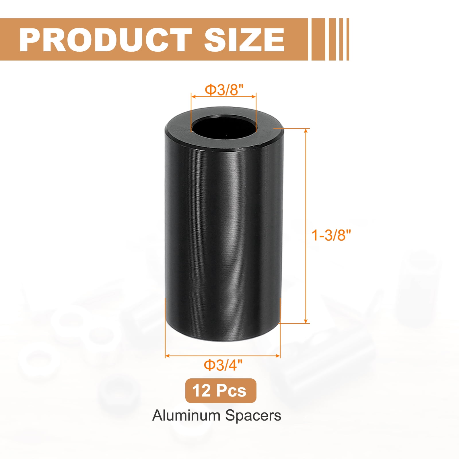 12PCS Aluminum Spacers, 3/8" x 3/4" Metal Spacers Aluminum 1-3/8" L Spacer Screw Standoff Round Unthreaded Standoff Bushing for 3/8inch Screw Bolts, Black