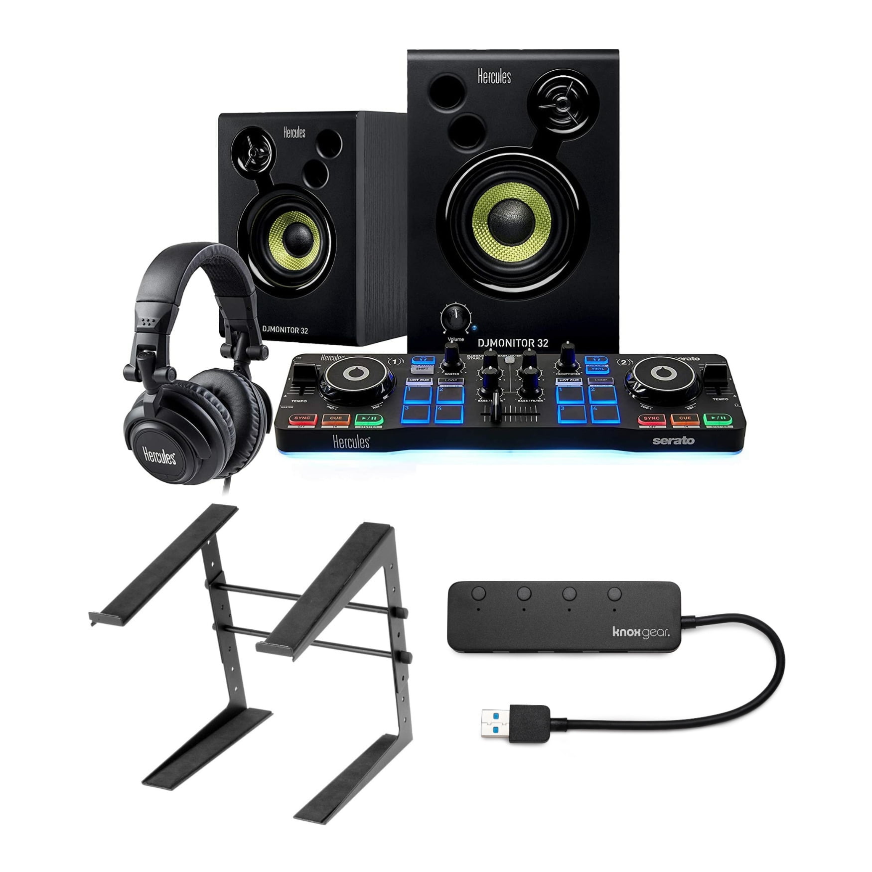 Hercules DJ Starter Kit with Laptop Stand and Knox Gear 4Port USB 3.0