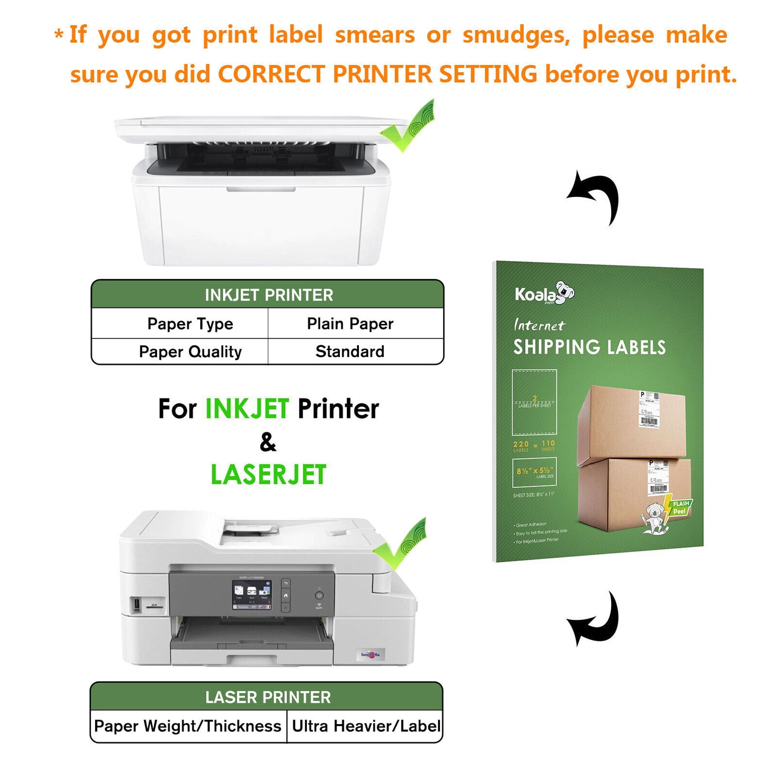 Koala Paper 880 Laser and Inkjet Printer Labels, 5.5 x 8.5 Inches, White, 2 Per Sheet, Shipping Labels Half Sheet