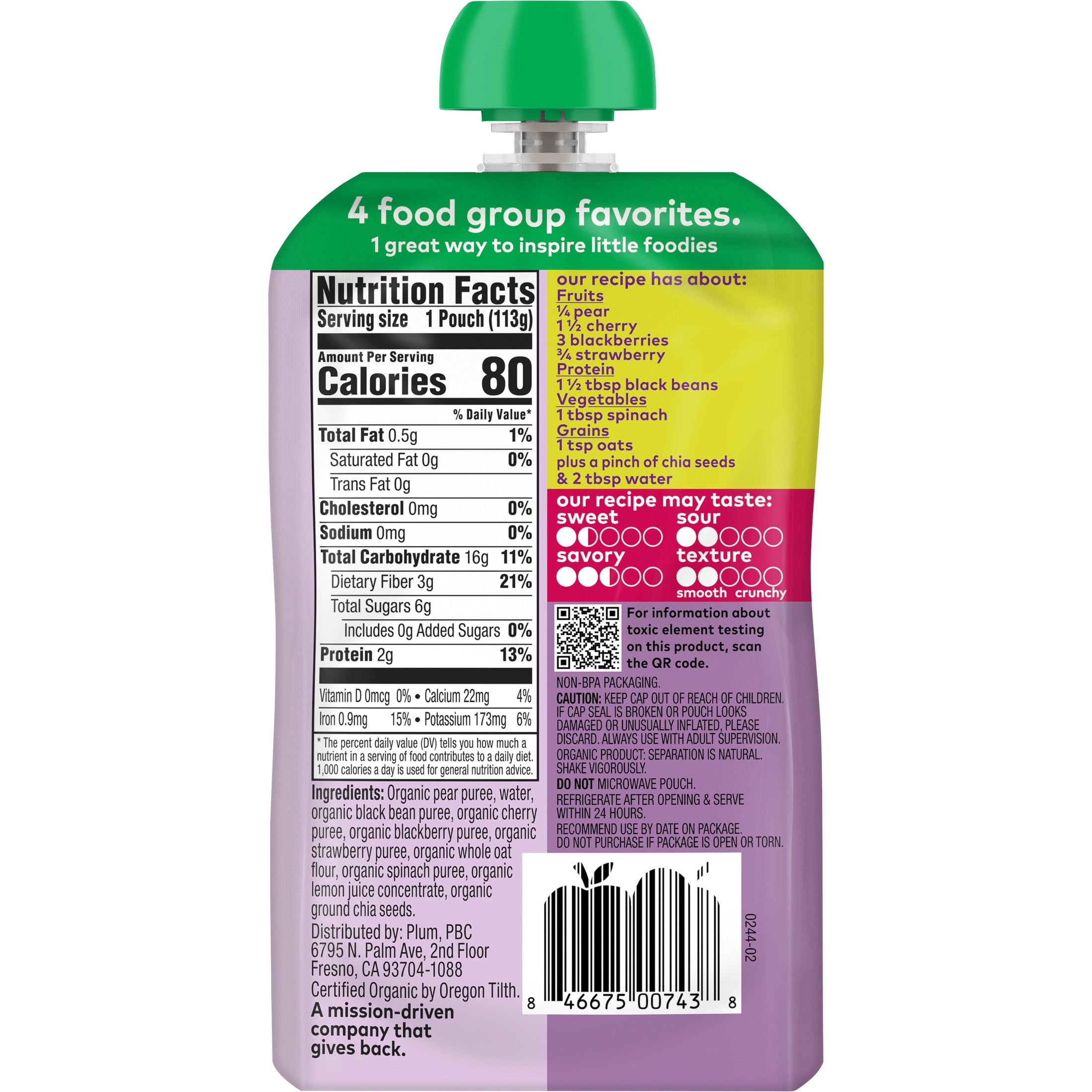 (8 pack) Plum Organics® Mighty 4 Food Group Blend Pear, Black Bean, Cherry, Blackberry, Strawberry, Oat + Spinach 4oz Pouch