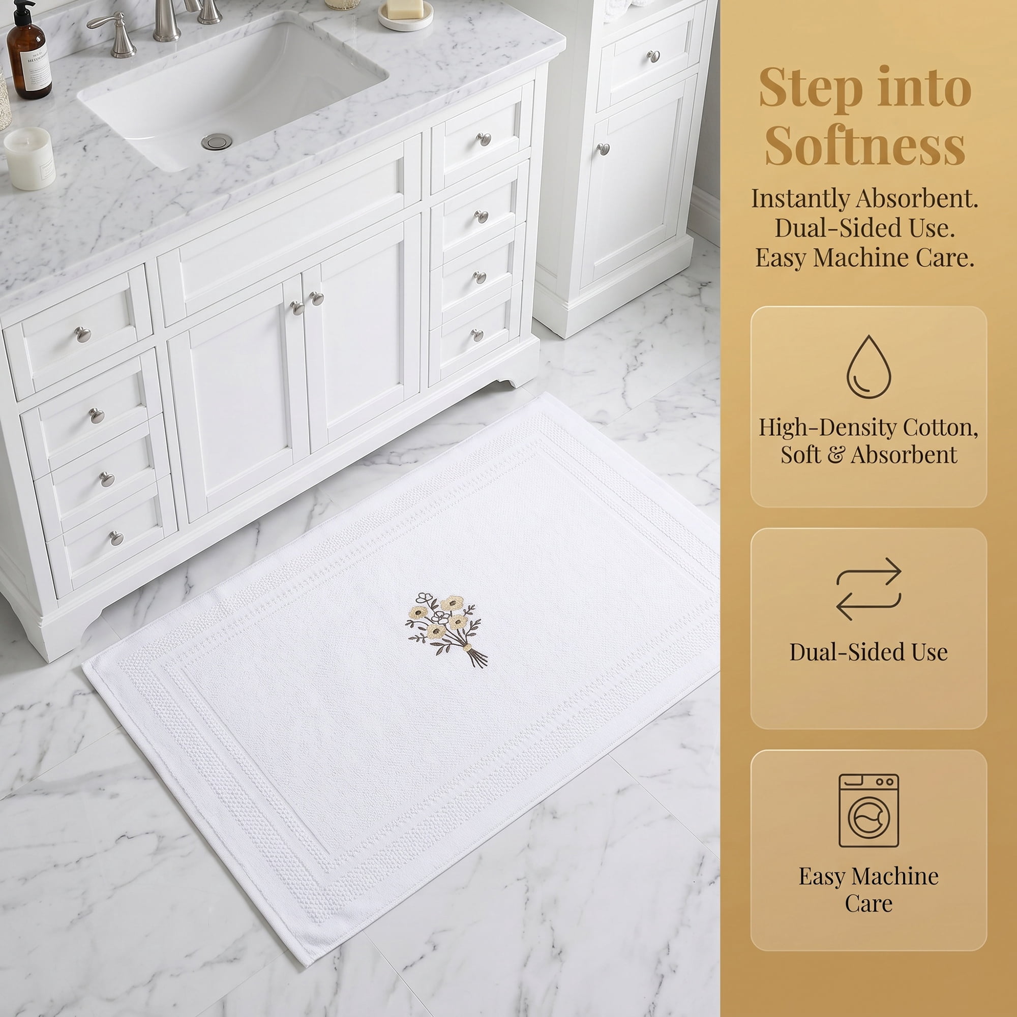 Unique Bargains Cotton Bathroom Absorbent Bouquet Embroidered Washable Mat White 24"x16"