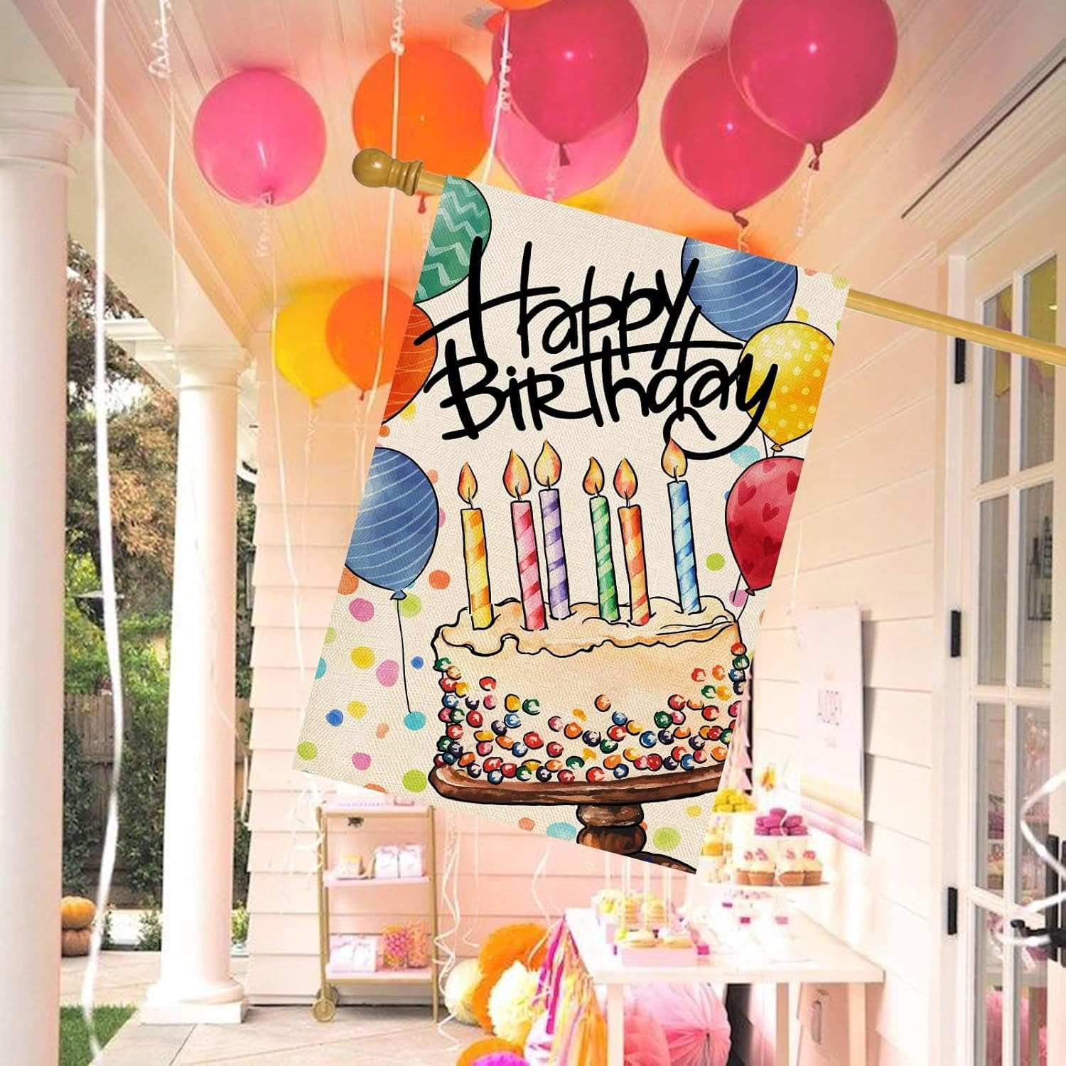 Happy Birthday Garden Flag Banner Big Cake Colorful Balloon Yard Flag Burlap Vertical Double-Sided Party Welcome Farmhouse Outdoor Outside Home House Decoration