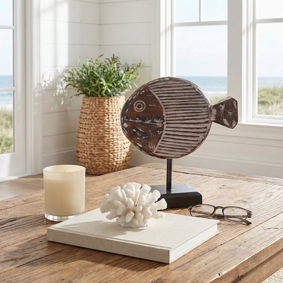 Wood Fish on Stand Figurine for Home Decor - Coastal  Sculpture for Bathroom, Office, and Shelf Feature-NAuCarved Details and Base for Living Room and Tabletop - 11", Gray