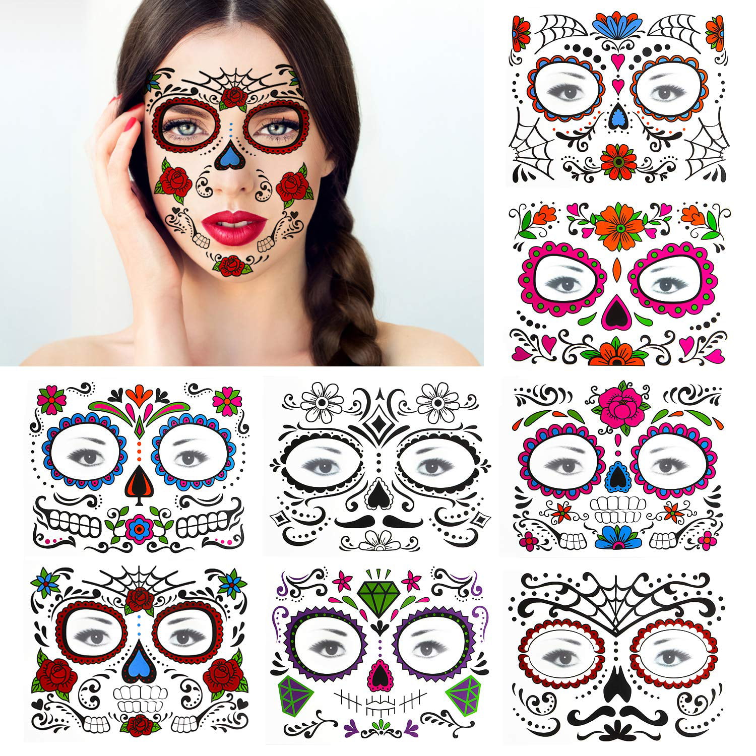 8 Pack Day of the Dead Face Tattoos, Sugar Skull Makeup Kit, Temporary  Halloween Makeup Tattoo for Men and Women | Walmart Canada