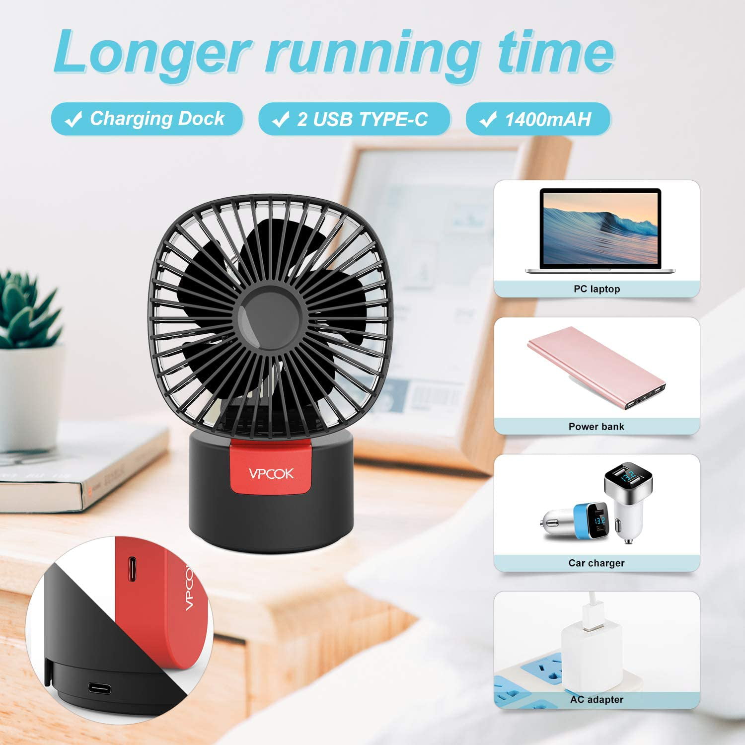 180° Foldable with 60° Rotatable Head Black Portable Fan for Travel Outdoor Office Home and Bedroom VPCOK USB Fan 2 in 1 Handheld Fan Mini Desk Fan 3 Speed 5 blades