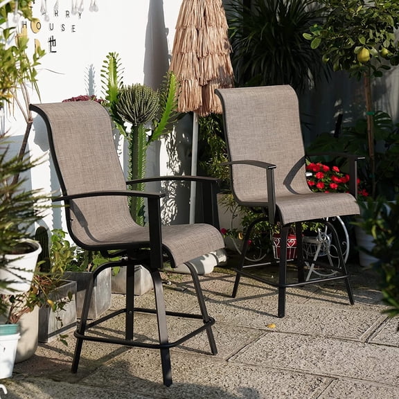 Counter Height Bar Stools, Set of 2 Swivel Dining Chair, Waterproof Mesh Sling Chair for Outdoor, Patio, Backyard, Mixed Coffee