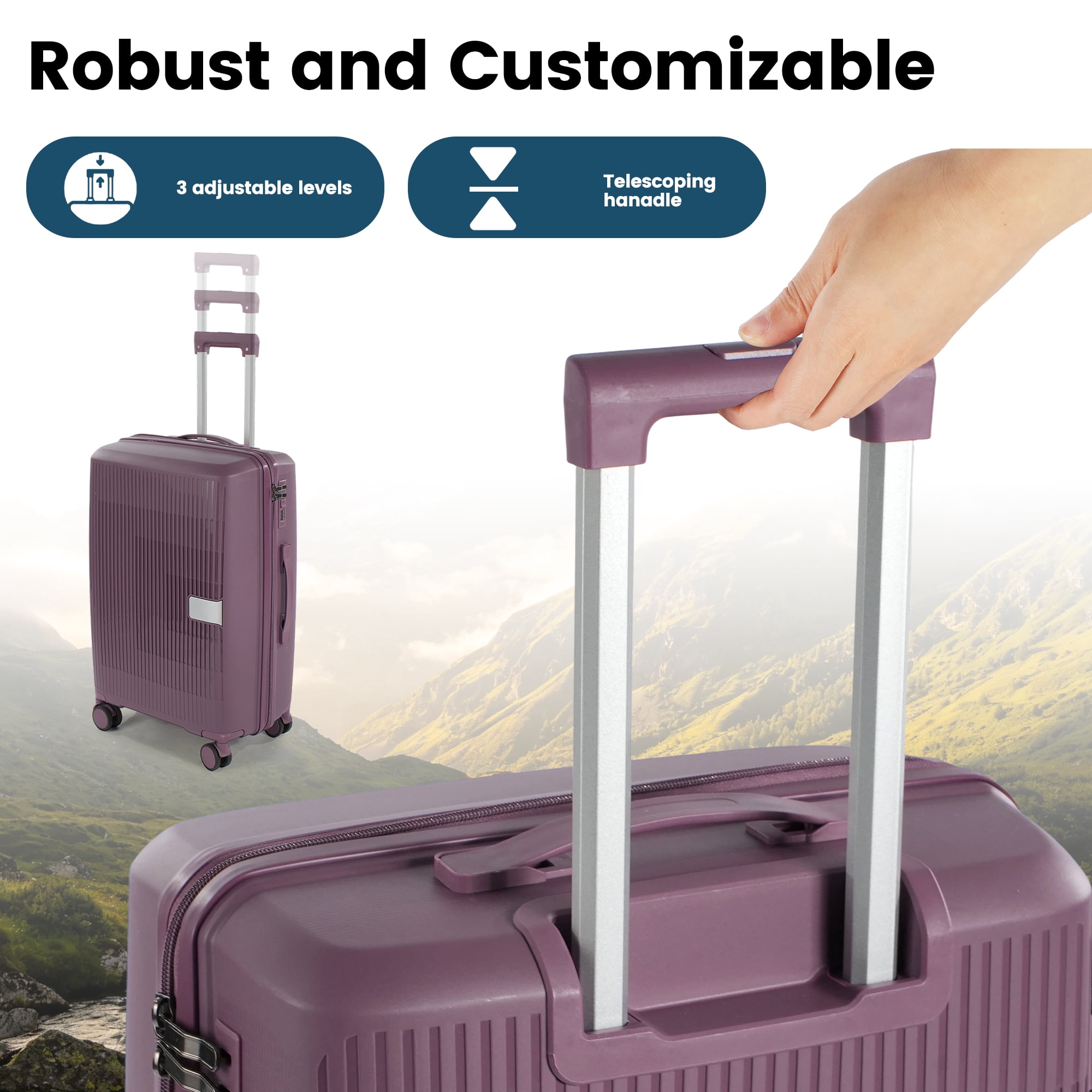 Travelhouse 3 Piece Checked Hard Shell Luggage Set Lightweight Suitcase with Lock and Spinner Wheels,Purple